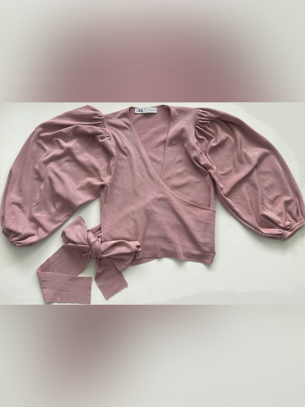 Zara women’s wrap blouse, long puff sleeves, and a self-tie waist. Size S.